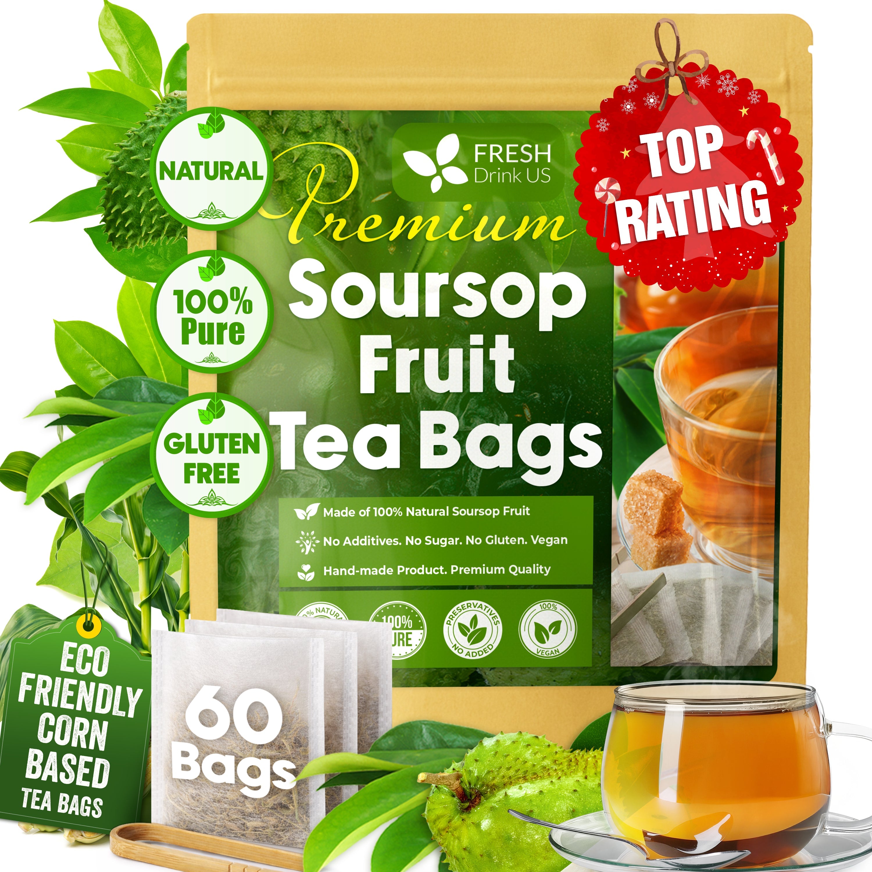 Premium Soursop Graviola Fruit Tea Bags, Tea Powder, 100% Natural and Pure from Soursop Fruits, Handmade, Made With Natural Materials-Corn Fiber Tea Bag, Sugar/Caffeine/Gluten Free, Hoja Guanabana Tea