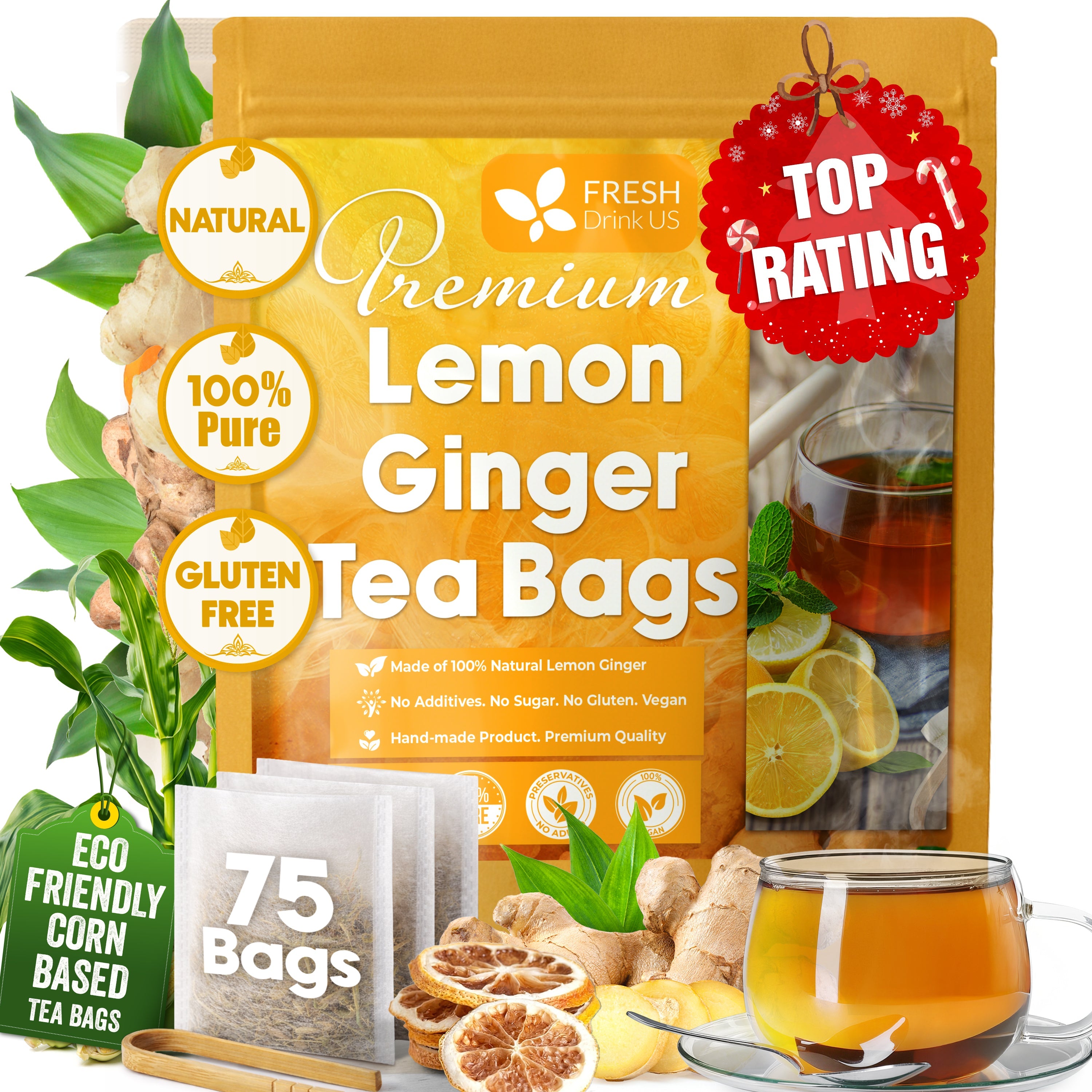 Premium Lemon Ginger Tea Bag, Eco-conscious Tea Bags. Lemon Ginger Herbal Tea. No Sugar, No Caffeine, No Gluten, Vegan.