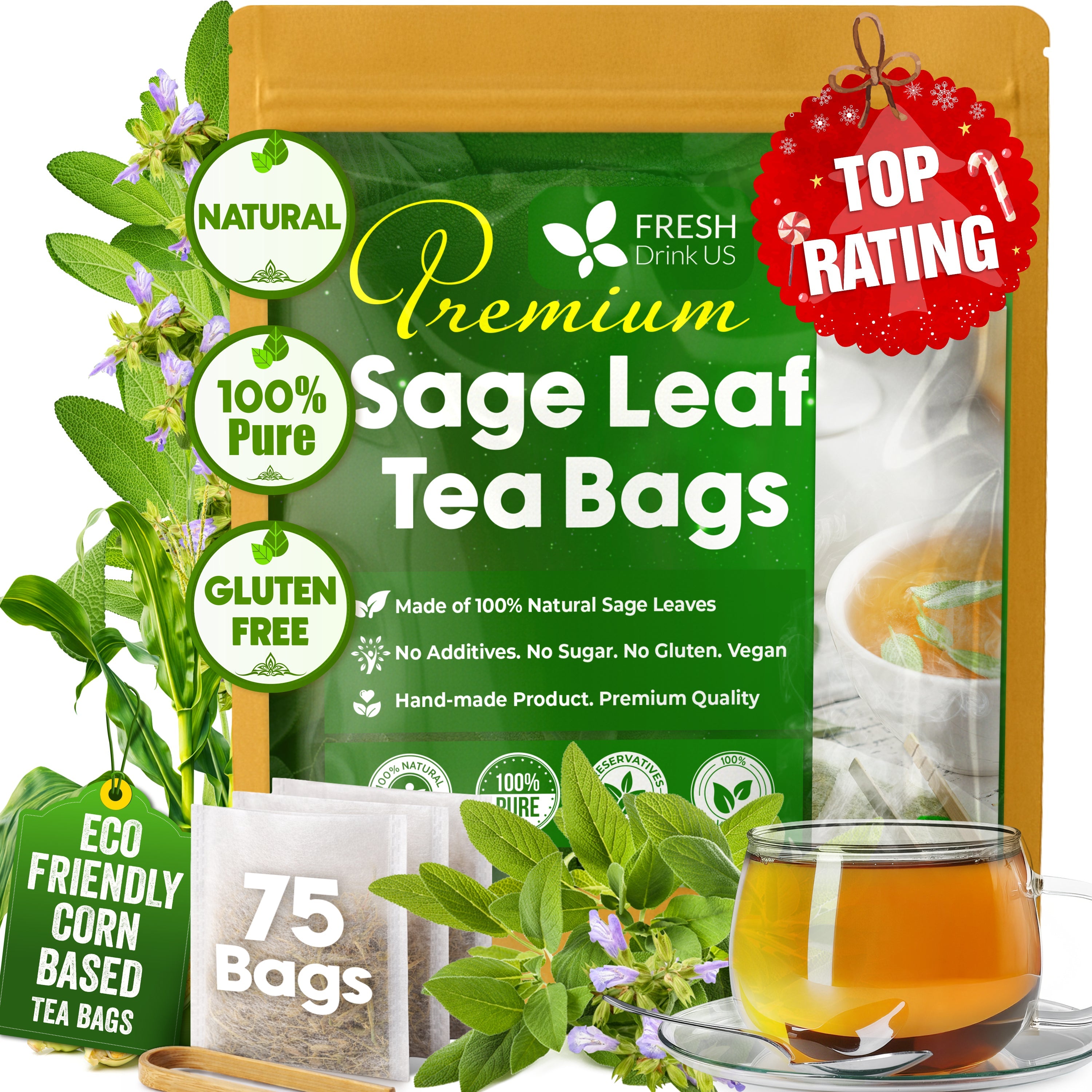 Sage Leaf Tea Bags, 100% Natural & Pure from Sage Leaves. Loose Leaf Sage Herbal Tea. Sage Leaf Tea. Made with Natural Material Tea Bags. No Sugar, No Caffeine, No Gluten, Vegan.