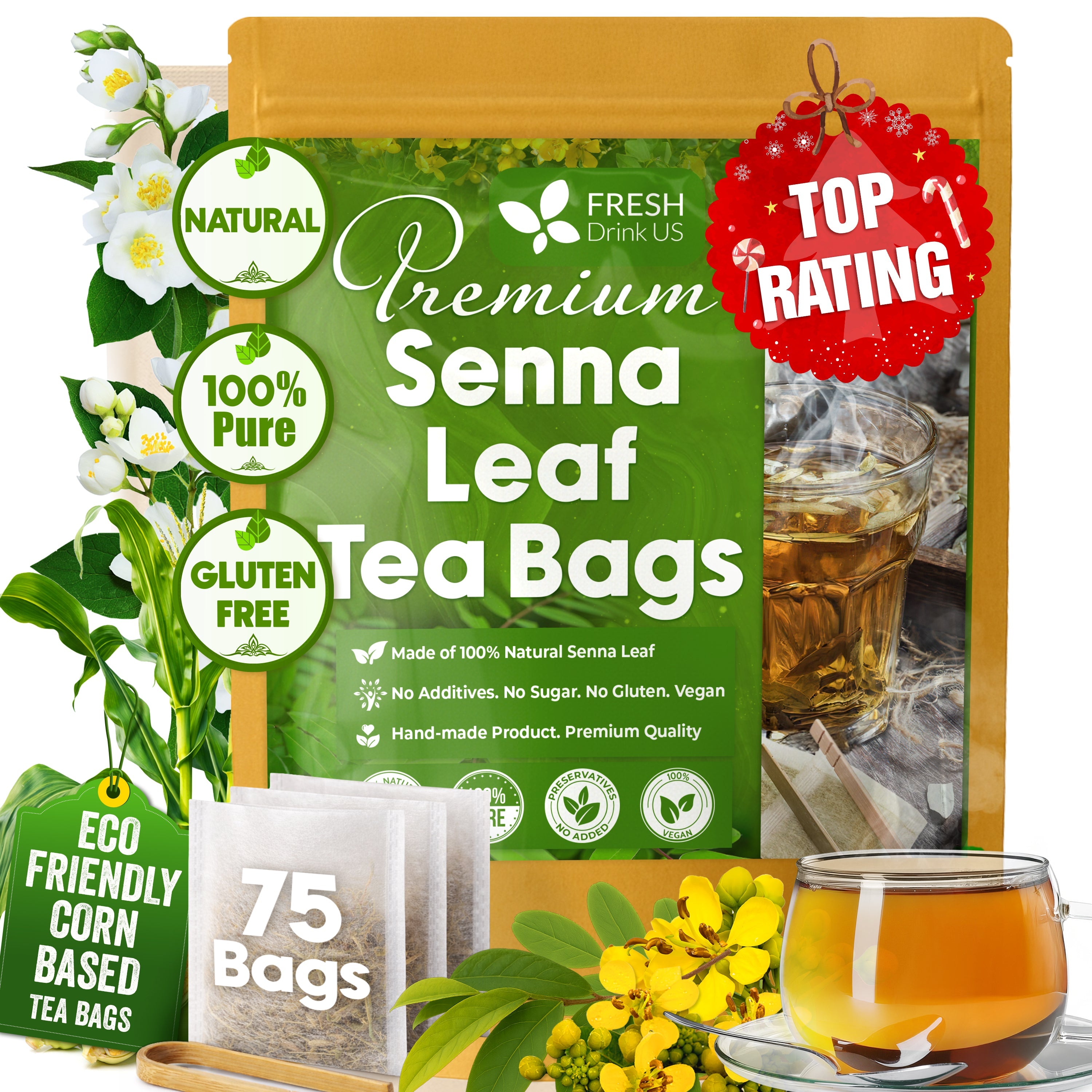Premium Senna Leaf Tea Bags, 100% Natural & Pure from Senna Leaves. Loose Leaf Senna Herbal Tea, Made with Natural Material Tea Bags, Senna Leaf Tea. No Sugar, No Caffeine, No Gluten, Vegan.