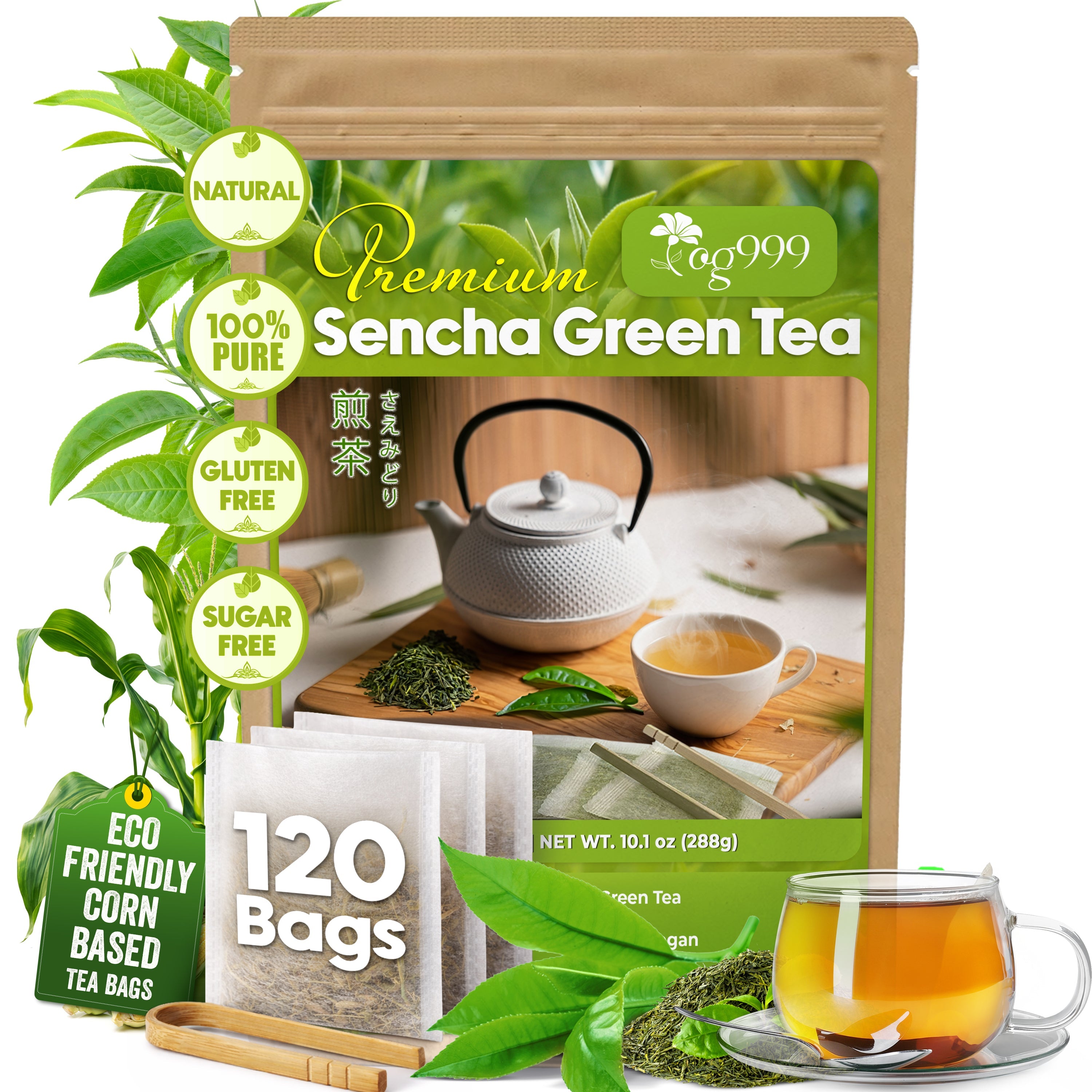 Premium Sencha Green Tea Bags, 100% Natural & Pure from Sencha Green Tea Leaves